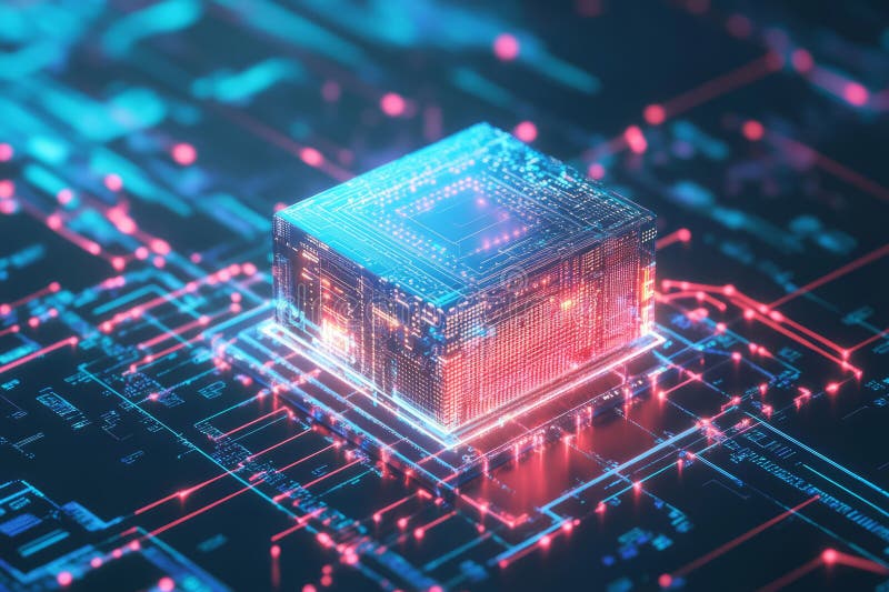 Abstract visualization of an AI supercomputer, featuring a glowing data core, pulsing quantum stock photography