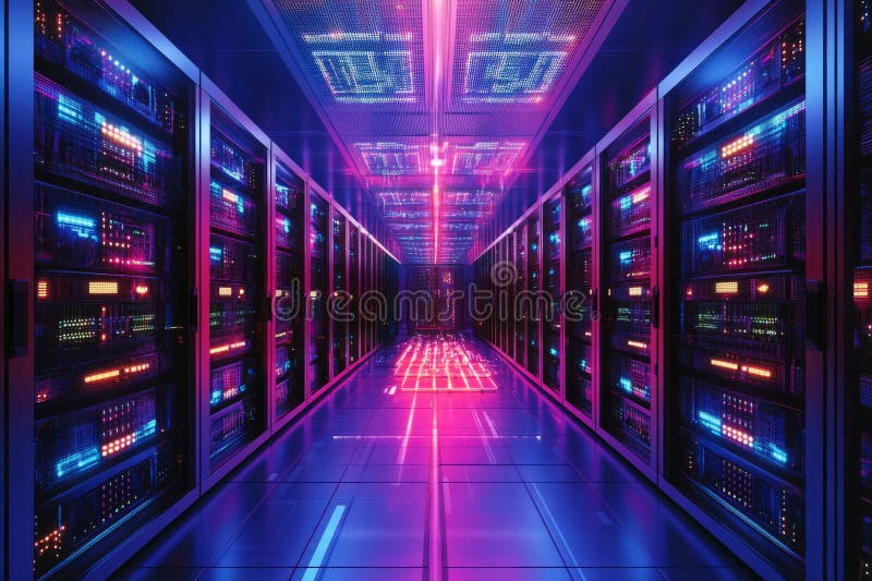 Abstract visualization of an AI supercomputer, featuring a glowing data core, pulsing quantum stock photos