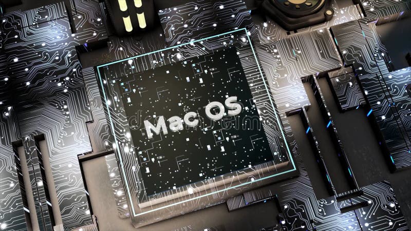 Abstract visualization of a circuit board with data processing, concept of artificial Intelligence. Motion. Computer details with Apple Mac graphical operating system. For editorial use only