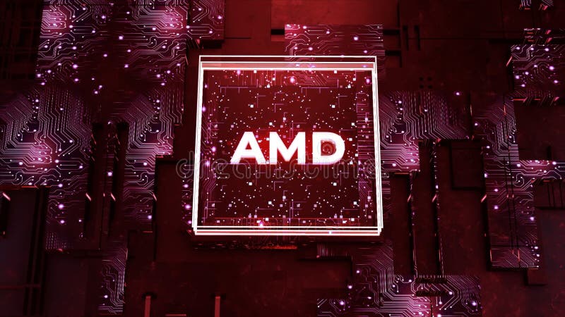 Abstract visualization of a circuit board with data processing, concept of artificial Intelligence. Motion. Computer details with AMD company icon. For editorial use only