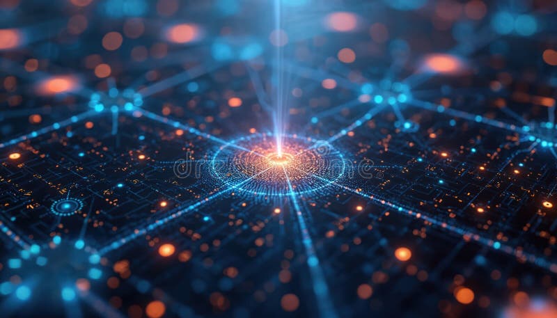 Abstract visualization of complex digital network. Blue, orange lights form futuristic circuitry pattern with glowing nodes vector illustration