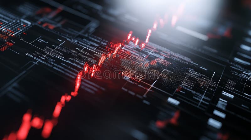 An abstract visualization of data analysis with red digital graphs and intricate circuitry on a dark background royalty free illustration