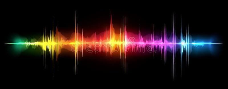 In this abstract visualization, digital sound waves produce a vivid neon array of colors and motion royalty free stock photo