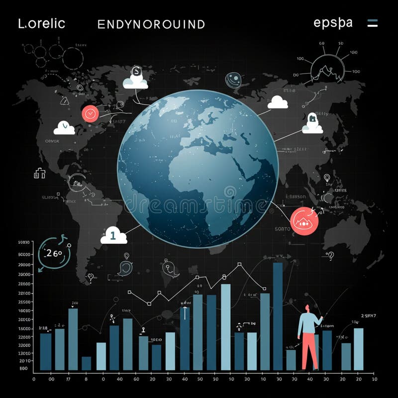 Abstract visualization featuring a digital globe centered over a world map. Various royalty free illustration