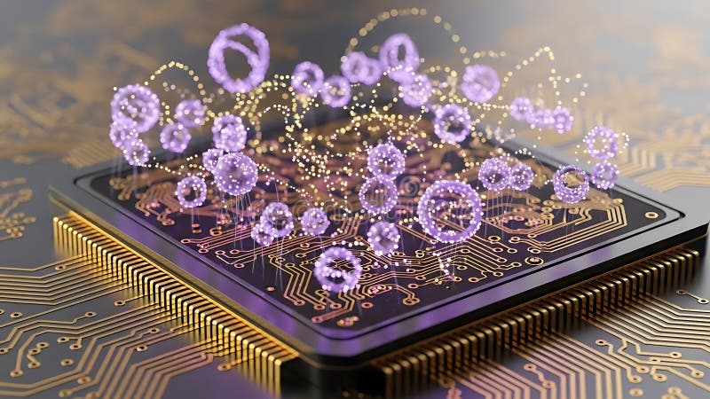 Abstract visualization of futuristic quantum computing processing complex data structures emerging from a stylized integrated royalty free stock photography