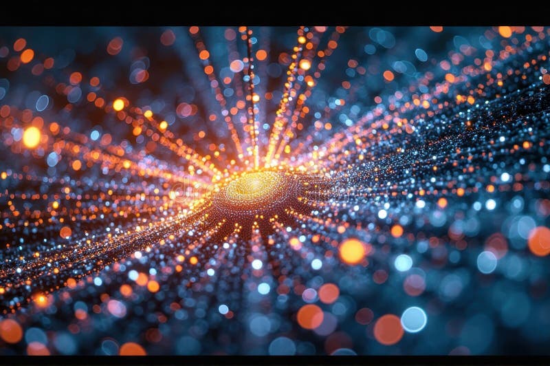 Abstract visualization of glowing network with blue and orange light points vector illustration
