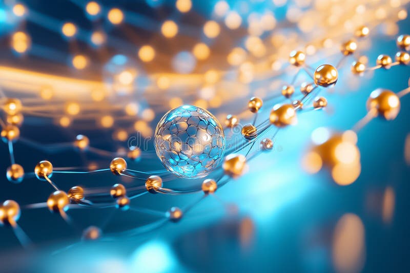 An abstract visualization of quantum computing elements with glowing particles intertwining in a dynamic network stock photography