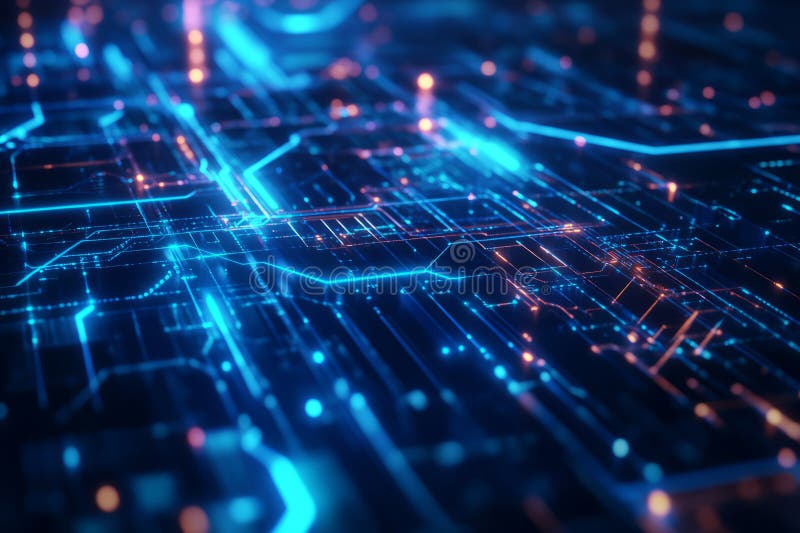 Abstract visualization of a quantum computing network, featuring glowing neon circuits, pulsating stock photo