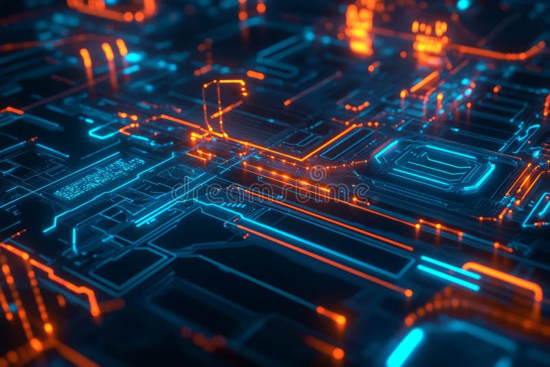 Abstract visualization of a quantum computing network, featuring glowing neon circuits, pulsating stock photography