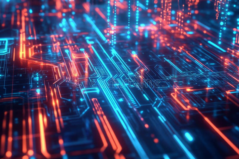 Abstract visualization of a quantum computing network, featuring glowing neon circuits, pulsating royalty free stock photos