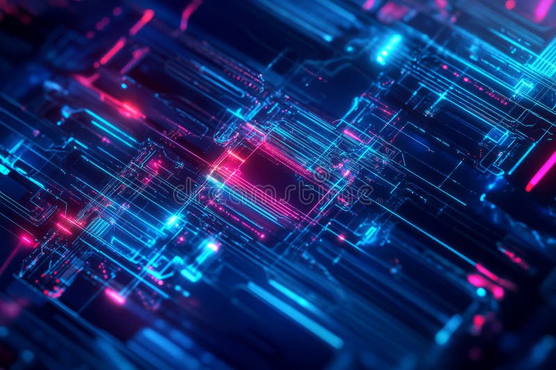 Abstract visualization of a quantum computing network, featuring glowing neon circuits, pulsating stock photo