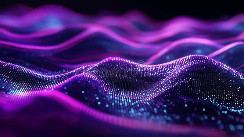 An abstract visualization shows fluid purple and blue data streams illustrating digital flow stock photography