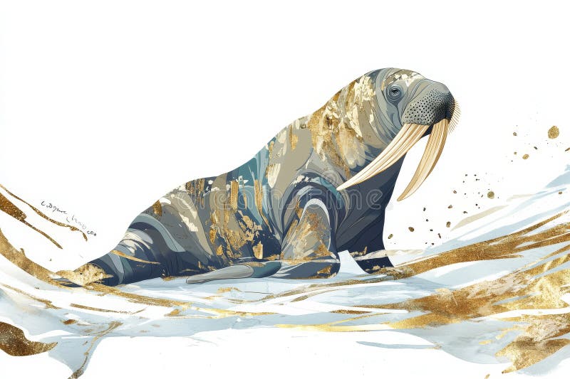 Abstract walrus illustration icy white bakgrundskonst design med walruses och golden Ai ganerated stock illustrationer