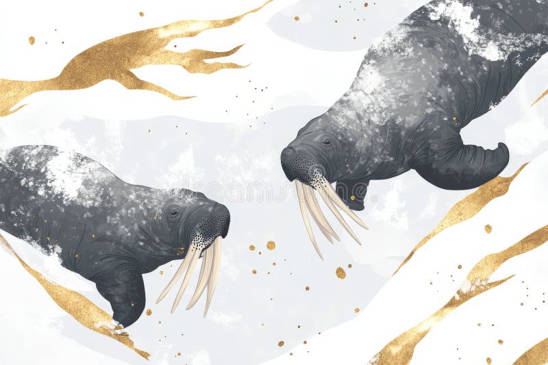 Abstract walrus illustration icy white bakgrundskonst design med walruses och golden Ai ganerated stock illustrationer