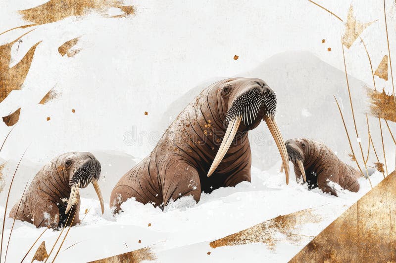 Abstract walrus illustration icy white bakgrundskonst design med walruses och golden Ai ganerated vektor illustrationer