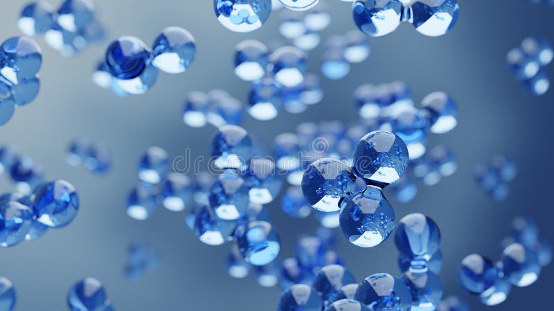 Abstract water hydrogen and oxygen glass molecules floating in blue fluid background with selective focus - 3D illustration, environment, water or clean energy concept. Oxygen molecule blue illustrations