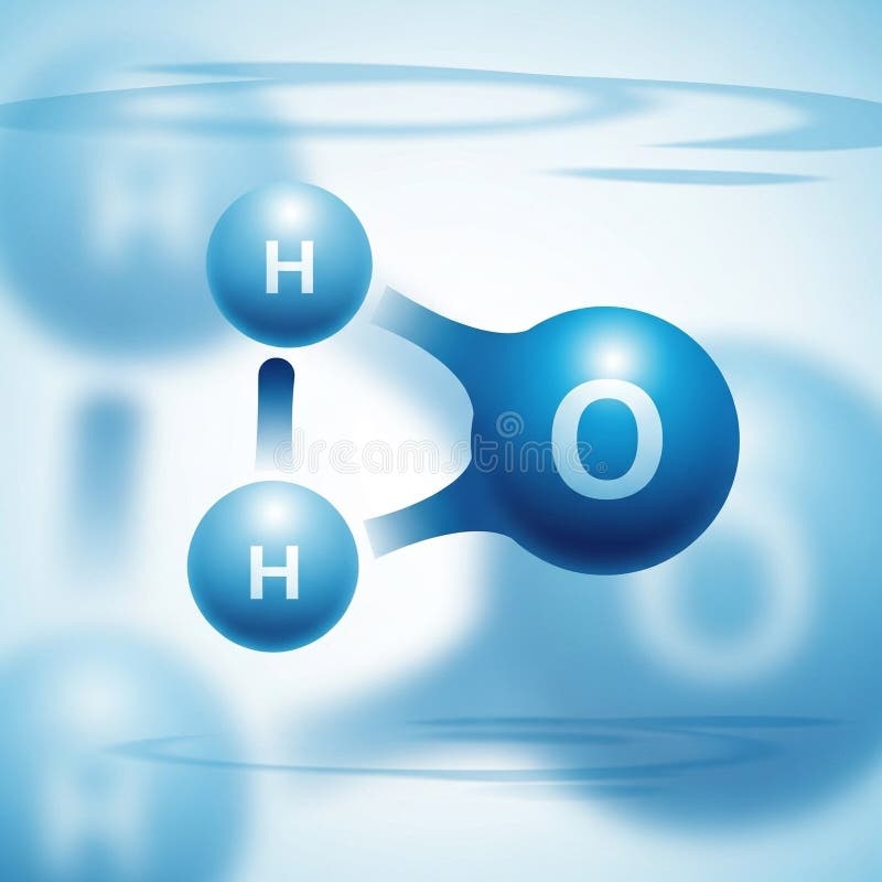 A stylized water molecule with two hydrogen atoms and one oxygen atom is depicted against a soft, wavy blue background, highlighting the molecular structure in a clean, modern design. The atoms are rendered with a glowing effect, emphasizing the scientific and educational theme of the illustration, which is set in a minimalistic and futuristic environment. Oxygen molecule blue illustrations