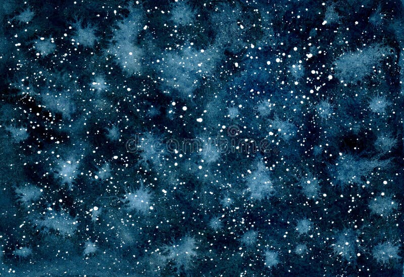 Abstract watercolor background. Deep blue night sky with stars. Hand drawn illustration. Galaxy painting, cosmic texture