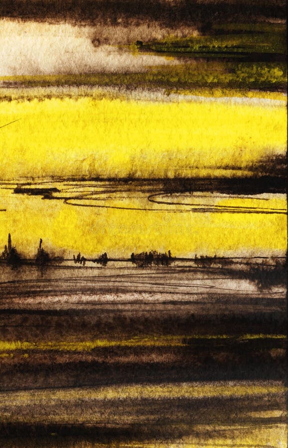Abstract watercolor background. Expressive brown horizontal strokes of different thicknesses. Large yellow stripe. Lines stock illustration Abstract watercolor background. Expressive brown horizontal strokes of different thicknesses. Large yellow stripe. Lines stock illustration