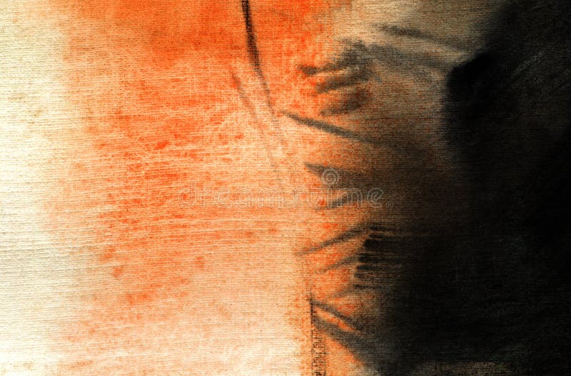 Abstract watercolor contrast background. Textured, unevenly colored orange backdrop with chaotic black smears and lines on right