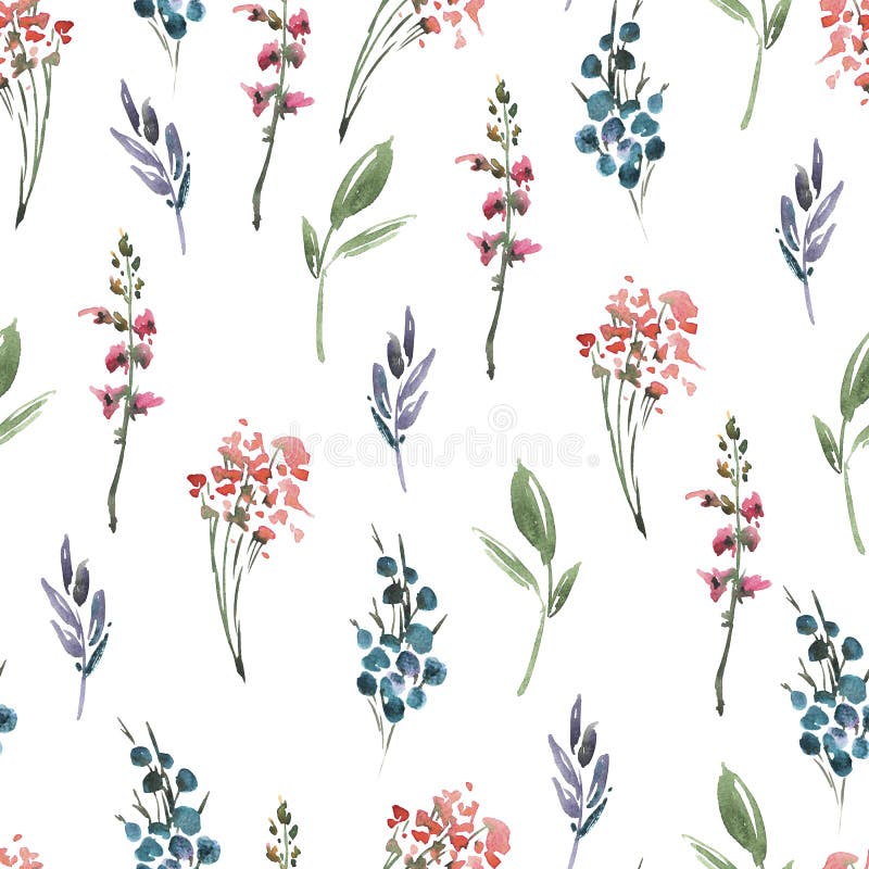 Abstract watercolor floral seamless pattern flowers, twigs, leaves, buds. Hand painted vintage floral illustration on white