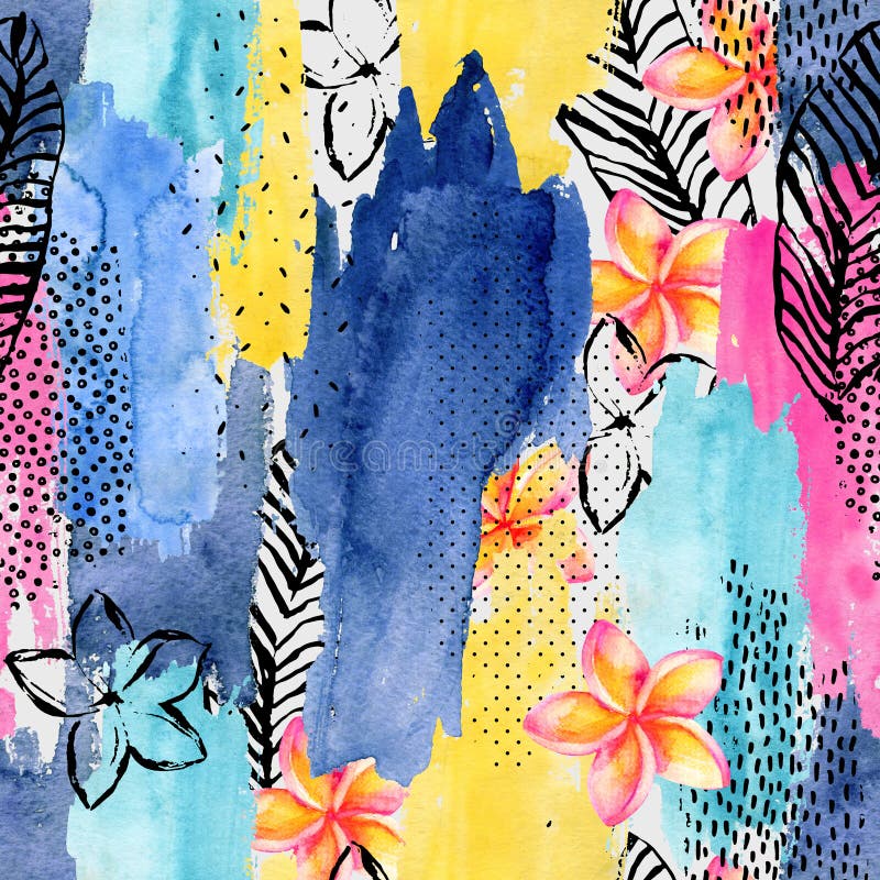 Abstract watercolor and ink doodle shapes seamless pattern. stock illustration