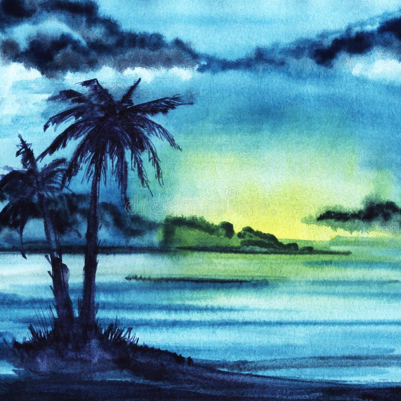 Abstract watercolor landscape. Dark evening night sky. The clouds. Gradient from saturated blue to green to yellow. Sunset. The silhouette of two tall palm trees. Hand drawn watercolor illustration