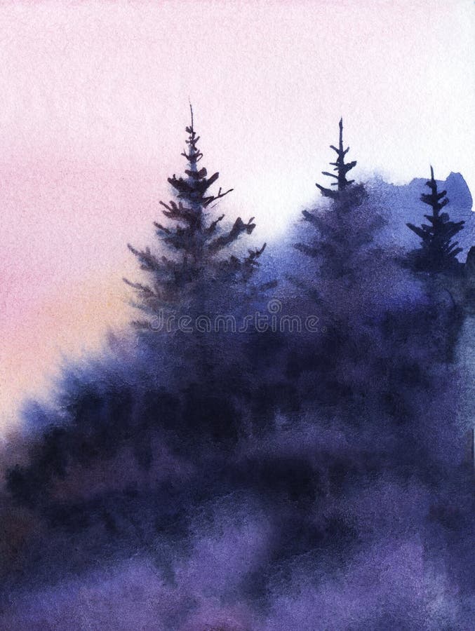 Abstract watercolor landscape. Dark silhouette of purple misty fir trees. Mass of forest against the evening pink sky Evening