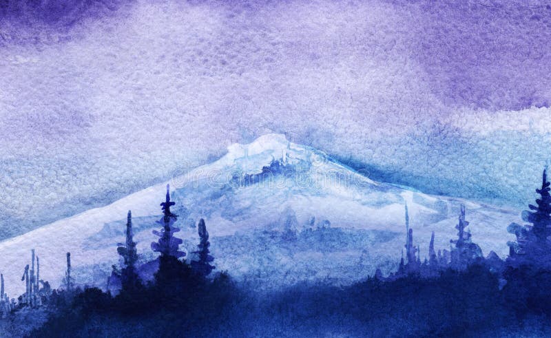 Abstract watercolor landscape. Silhouette of a white snowy mountain against a light sky. The wall is a form of fir forest. Winter season. Gradient sky. Hand drawn watercolor illustration