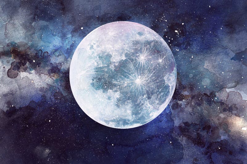 Abstract Watercolor Night Sky with Full Moon Illustration Stock