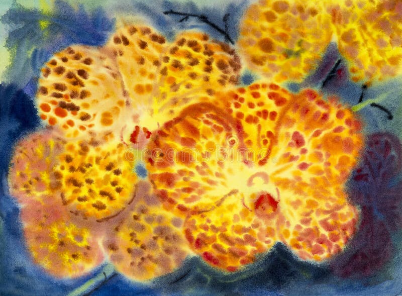 Abstract watercolor original painting orange color of orchid flowers.