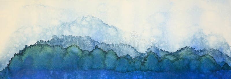 An abstract watercolor painting in shades of blue of mountains, sky and lakes.