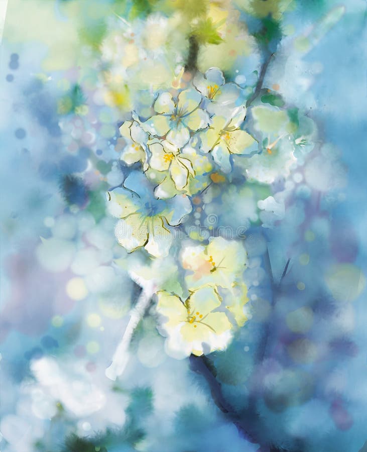 Abstracto acuarela la pintura blanco albaricoque un árbol flor en suave vistoso a difuminar estilo, primavera según la temporada naturaleza la luz azul.