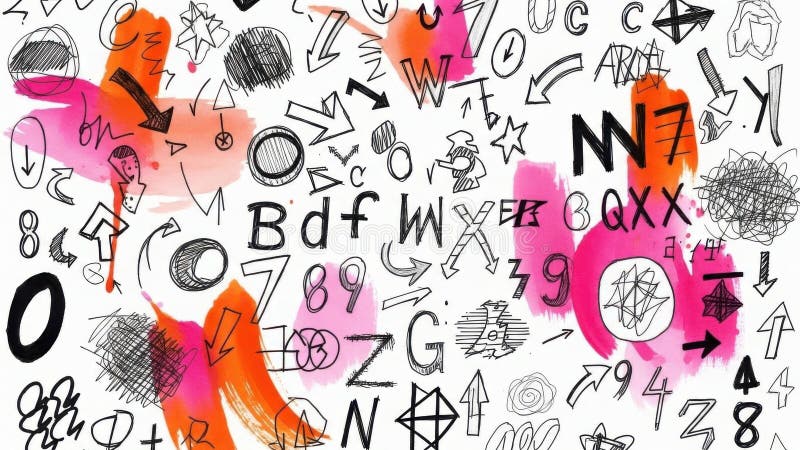 A dynamic composition featuring energetic watercolor strokes in orange and pink juxtaposed with a dense background of scribbled letters, numbers, and abstract marks. Handwritten symbols illustrations