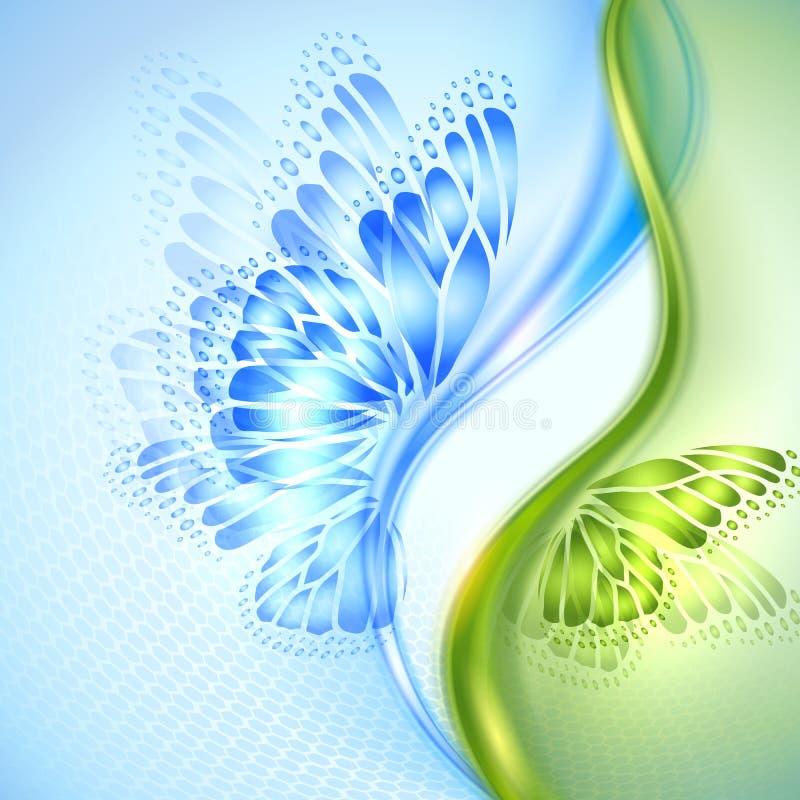 Abstract wave blue green background with butterfly