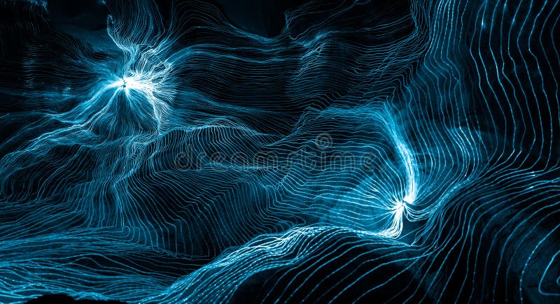 Abstract wave of digital weave lines connecting network dots and dark background stock image
