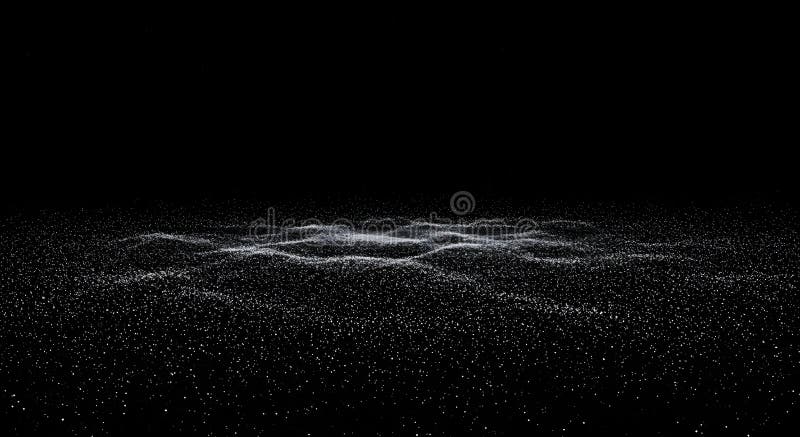 Abstract wavy surface of sparkling particles on black background stock illustration
