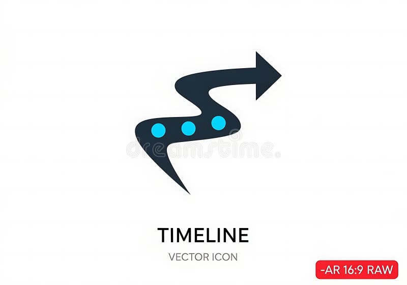 A dynamic, abstract wavy arrow symbol with illuminated blue dots represents a timeline or progress. Ideal for illustrating stages, journeys, or sequential steps in a project or process. Wavy timeline illustrations