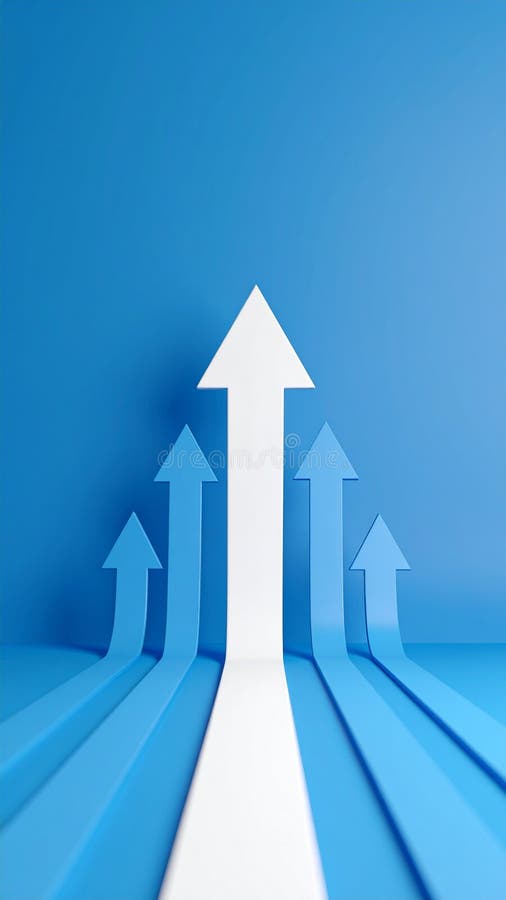 Abstract white arrow leading upwards above blue arrows on a blue background symbolizing growth and success royalty free stock images