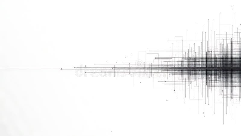 Abstract white background with black lines forming a complex network pattern on the right side of image royalty free illustration