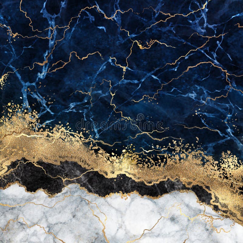 Abstract white blue marble background with golden veins, fake stone texture, liquid paint, gold foil and glitter decor, painted