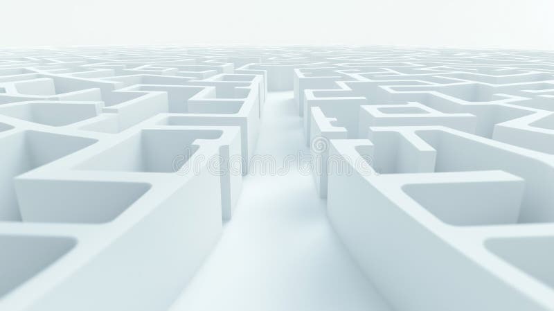 Abstract white maze design. Intricate 3D rendering. Complex geometric pattern. Winding path. Minimalist design. Complex vector illustration