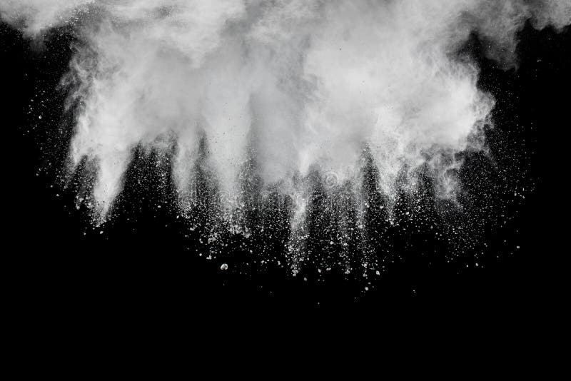 Abstract white powder explosion. White dust debris on black background royalty free stock images