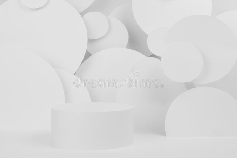 Abstract white stage with one round podium mockup on white background, flying circles pattern as decor. stock photos
