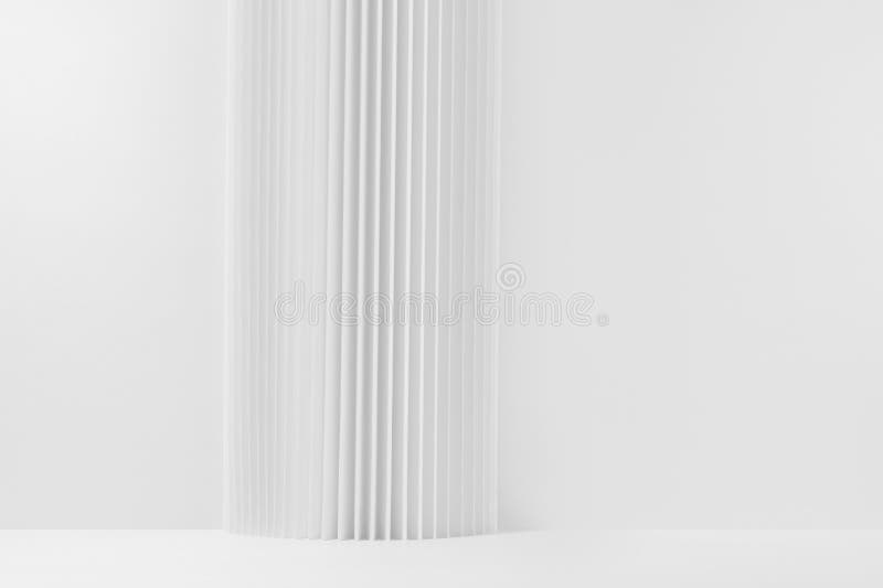 Abstract white stage with striped pillar as geometric decoration, mockup on white background, copy space stock image