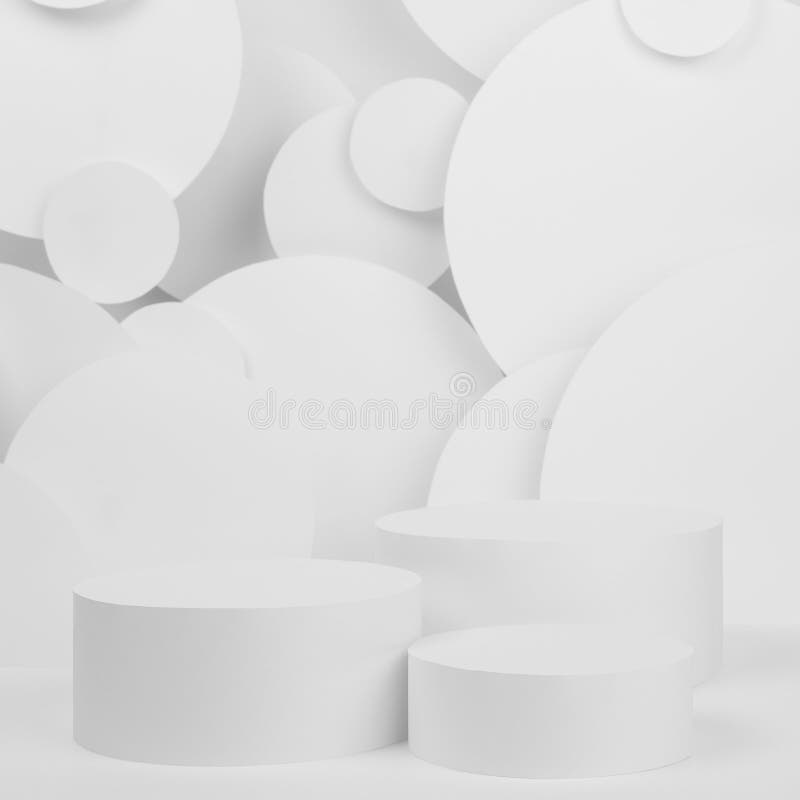Abstract white stage with three round podiums mockup on white background, flying circles pattern as decor. stock photo