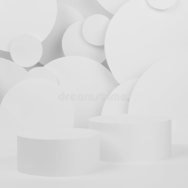 Abstract white stage with two round podiums mockup on white background, flying circles pattern as decor. stock photo