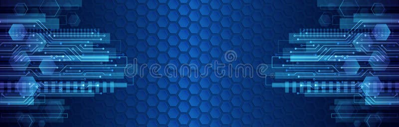 Abstract wide technology background with hexagons and gear wheels. Hi-tech circuit board vector illustration