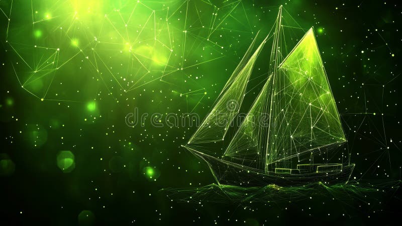 Abstract Wireframe Sailboat Navigating Green Network Connections, Representing Digital Innovation. vector illustration