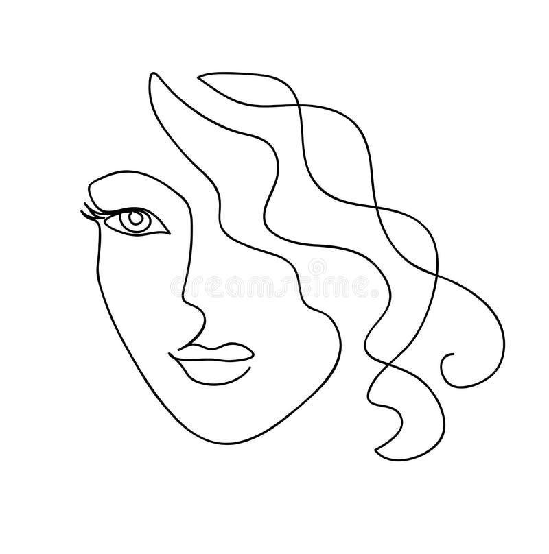 Abstract woman face with wavy hair. Black and white hand drawn line art. Outline vector illustration